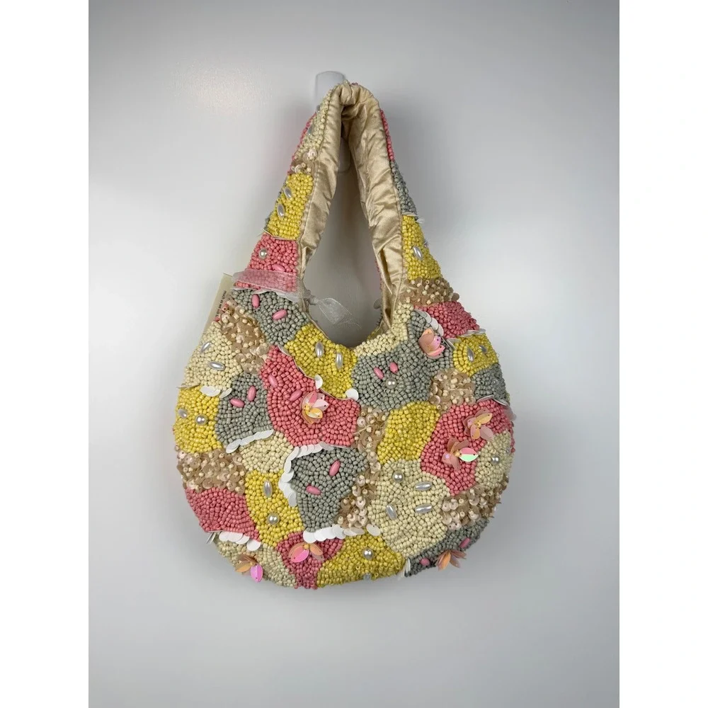NWT Handcrafted India Beaded Hobo Bag Pastel Sequin Pearl Embellished New